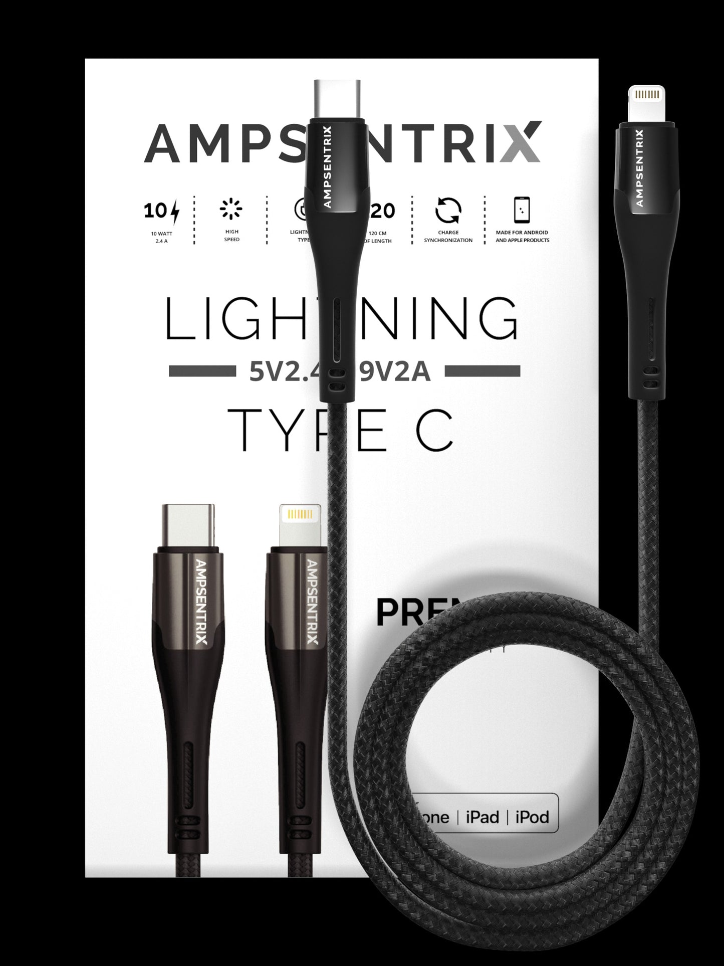 3 ft Non-MFI Lightning to USB Type C Cable (AmpSentrix) (Matrix) (Black)