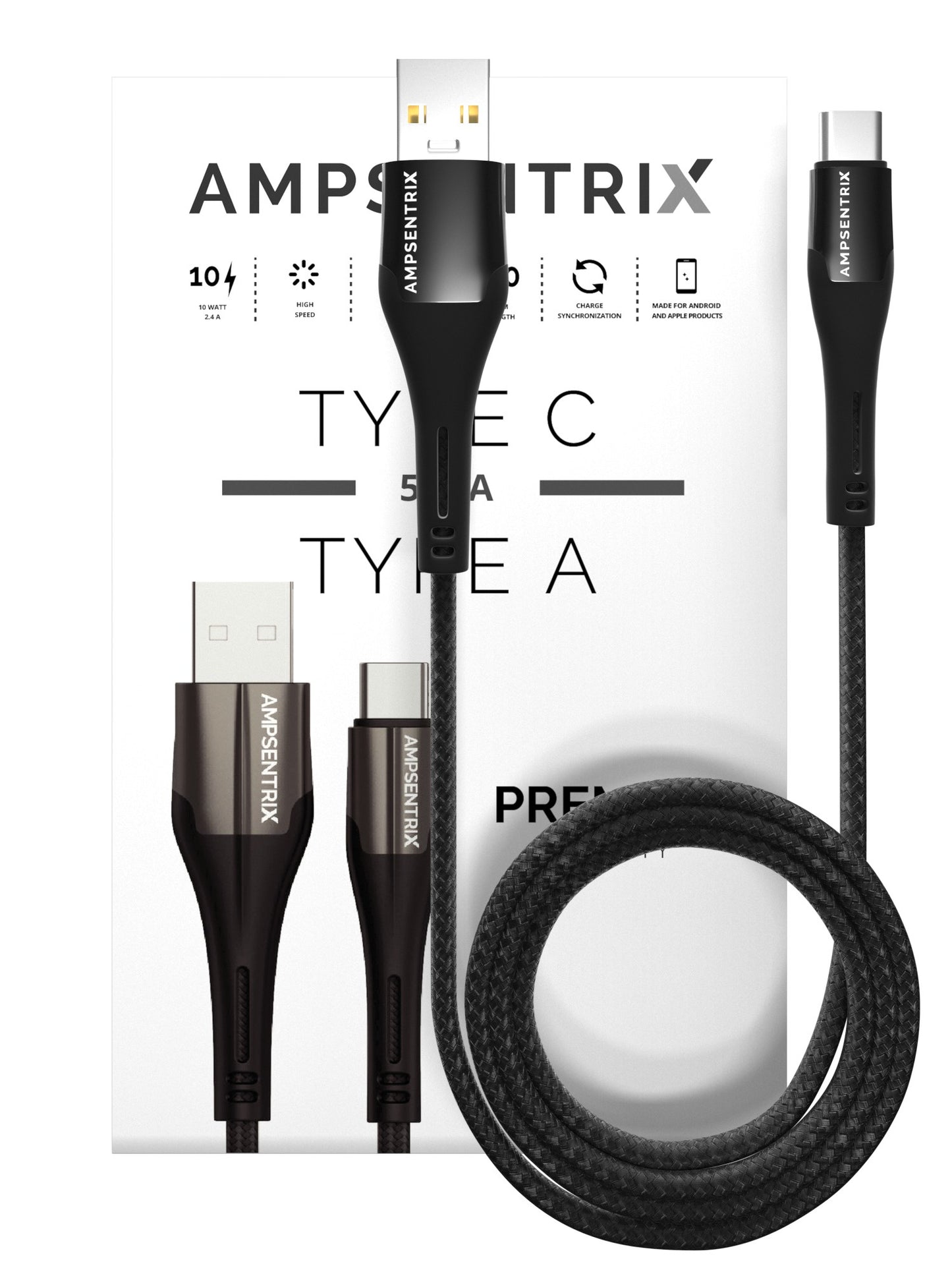 3 ft USB Type C to USB Type A Cable (AmpSentrix) (Alpha) (Black)