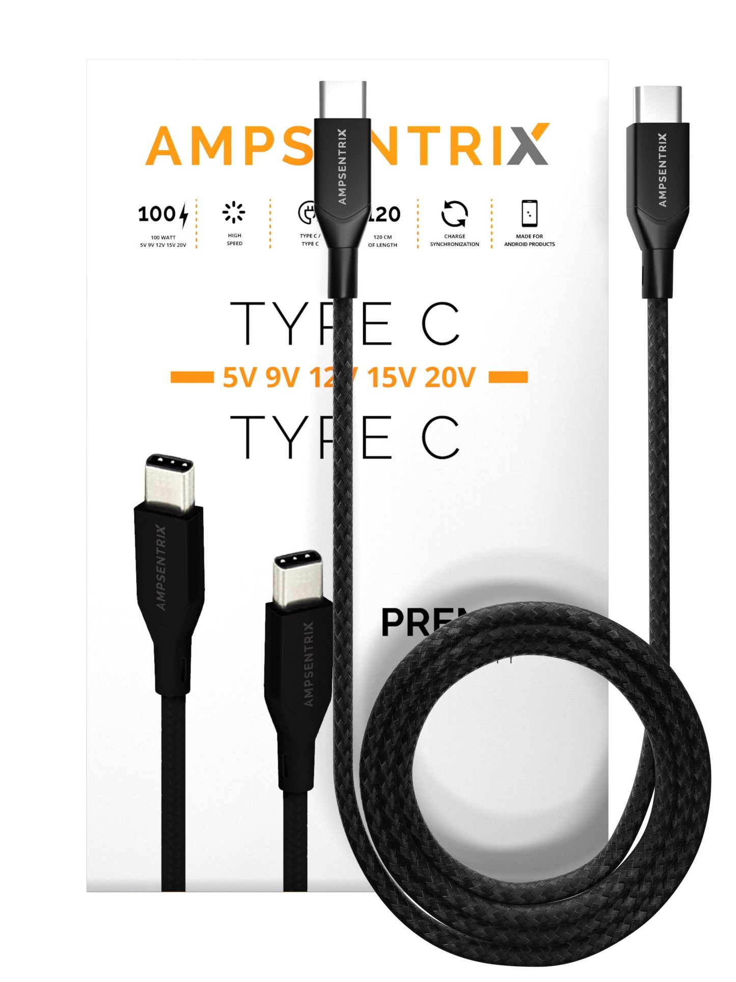 3 ft USB Type C to USB Type C Cable (AmpSentrix) (Alpha) (Black)