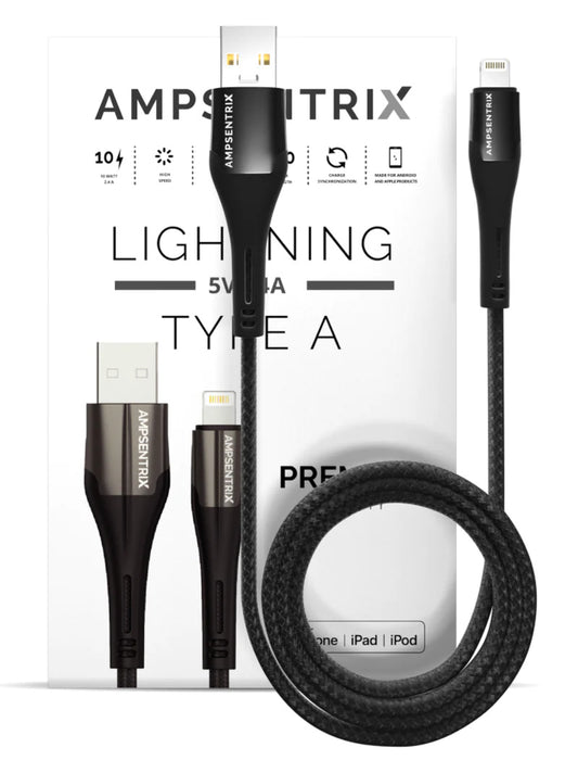 3 ft MFI Lightning to USB Type A Cable (AmpSentrix) (Alpha) (Black)