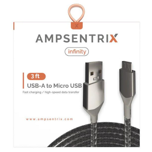 3 ft Micro USB to USB Type A Cable (AmpSentrix) (Infinity) (Silver)