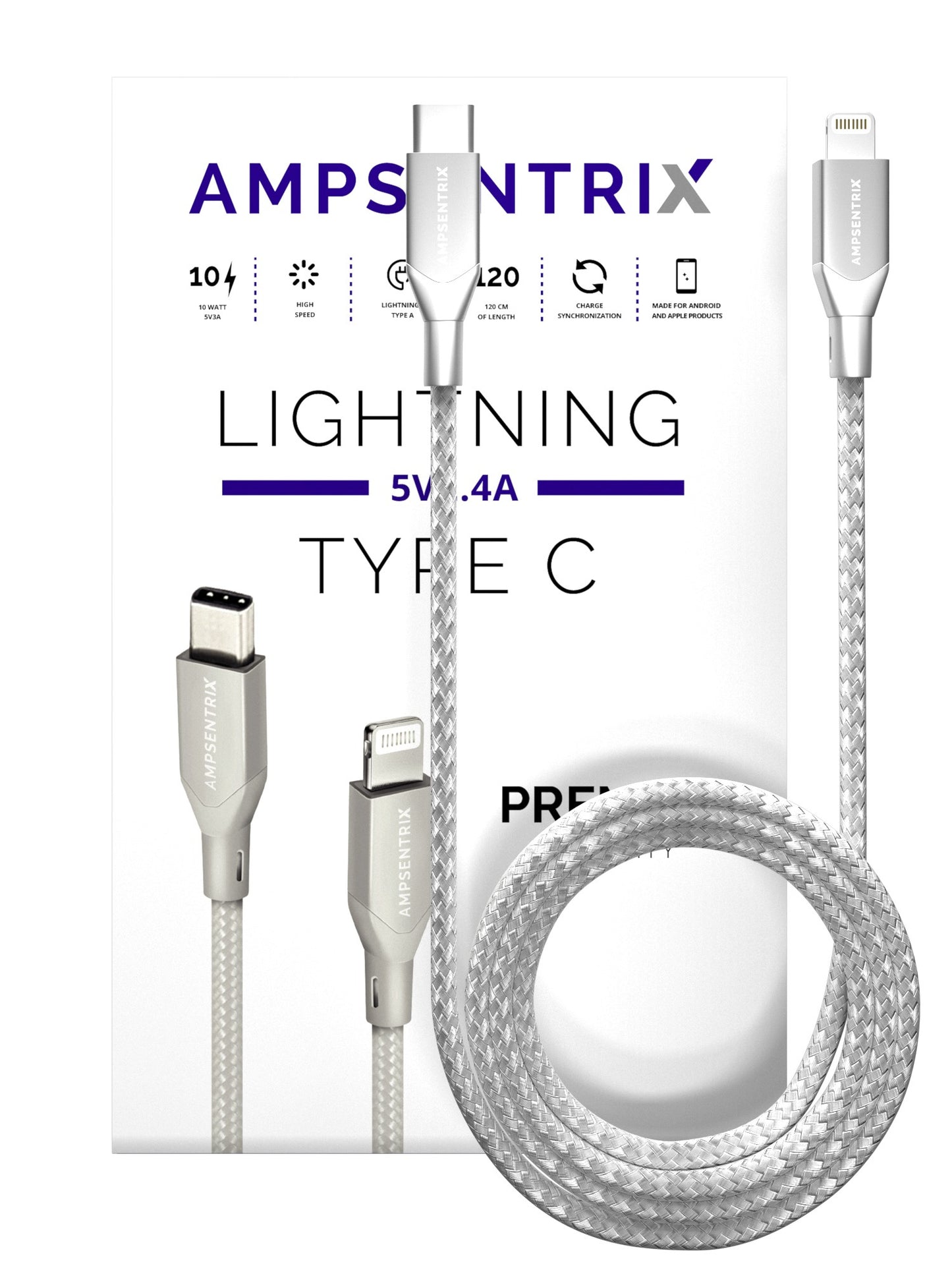 3 ft Non-MFI Lightning to USB Type C Cable (AmpSentrix) (Infinity) (Silver)
