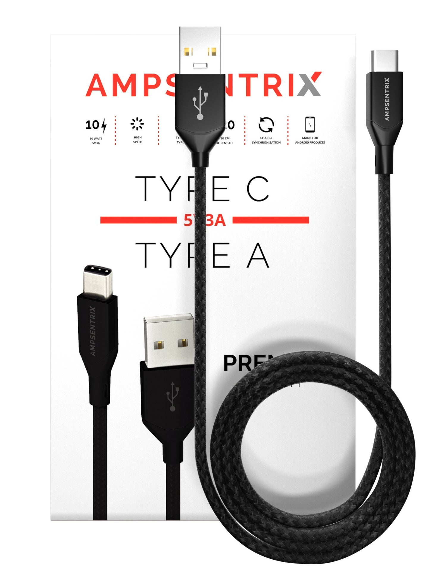 3 ft USB Type C to USB Type A Cable (AmpSentrix) (Infinity) (Black)