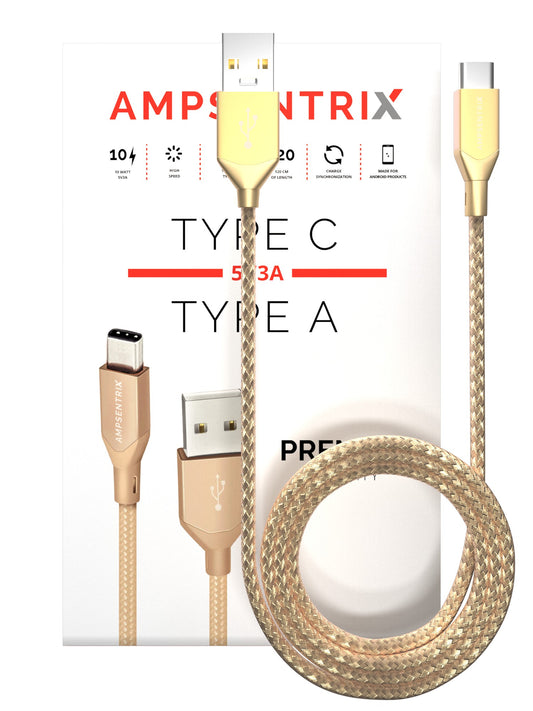 3 ft USB Type C to USB Type A Cable (AmpSentrix) (Infinity) (Gold)