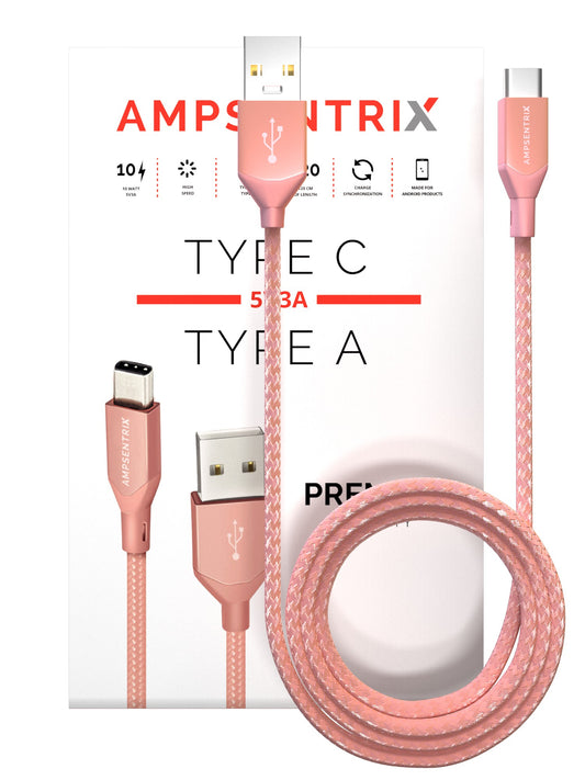 3 ft USB Type C to USB Type A Cable (AmpSentrix) (Infinity) (Pink)