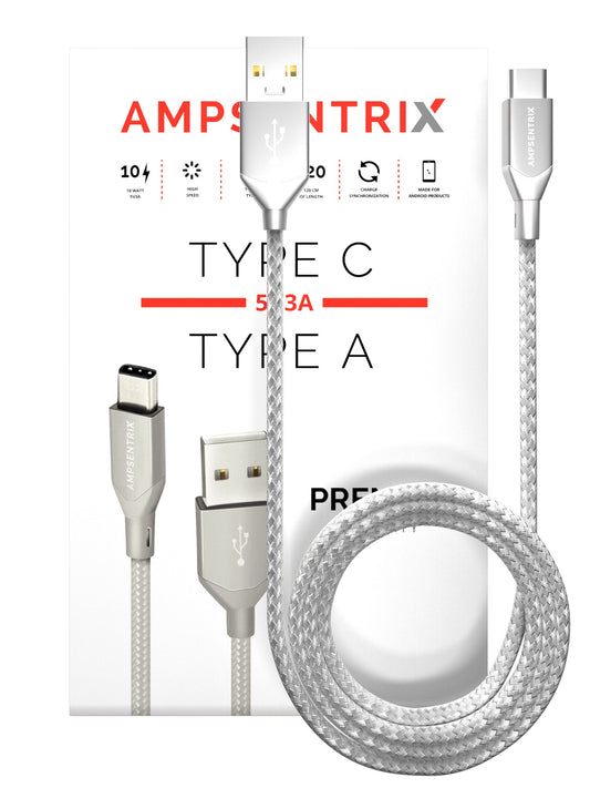 3 ft USB Type C to USB Type A Cable (AmpSentrix) (Infinity) (Silver)