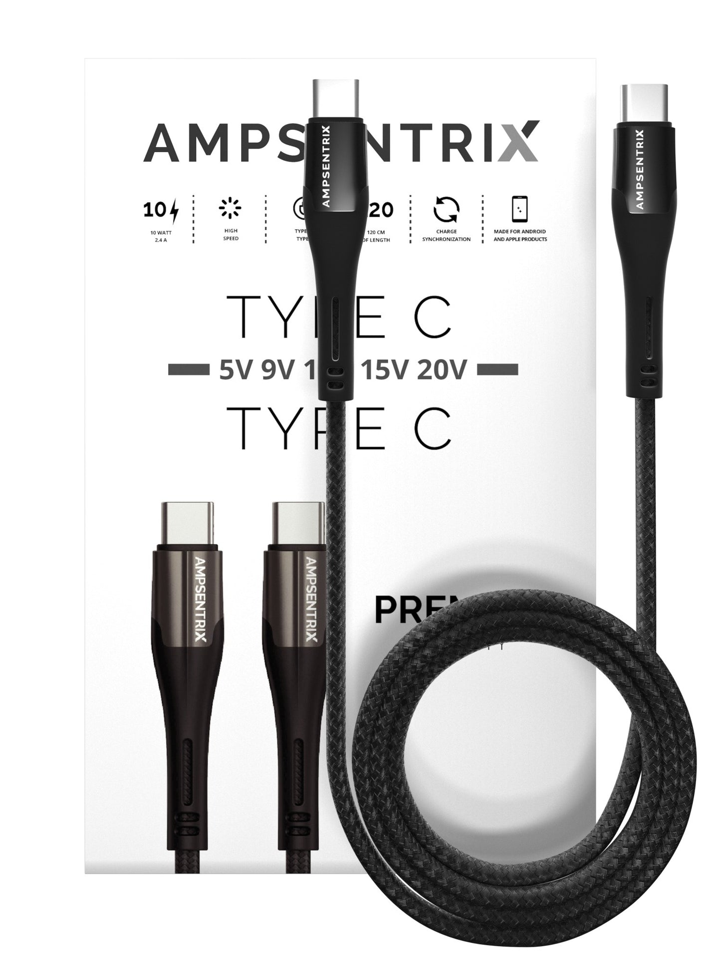 3 ft USB Type C to USB Type C Cable (AmpSentrix) (Infinity) (Black)