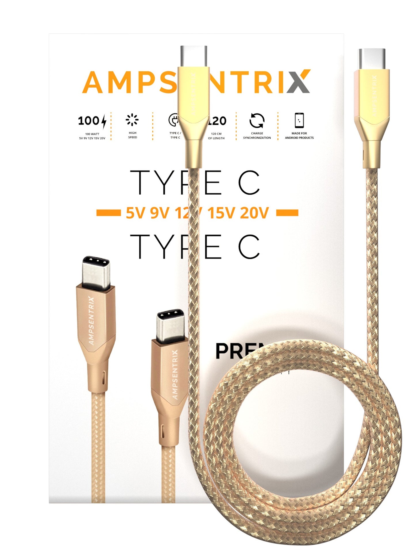 3 ft USB Type C to USB Type C Cable (AmpSentrix) (Infinity) (Gold)