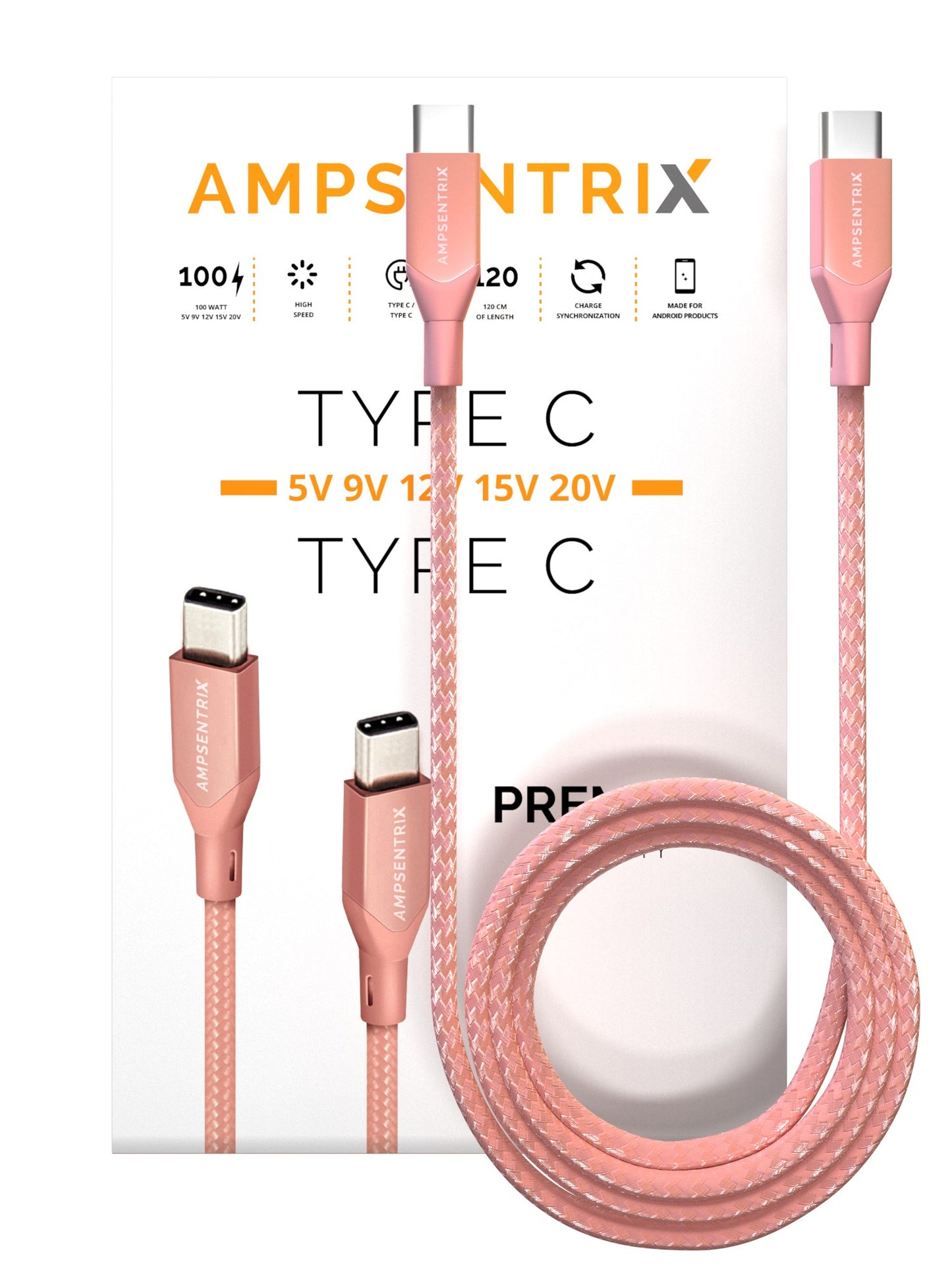 3 ft USB Type C to USB Type C Cable (AmpSentrix) (Infinity) (Pink)