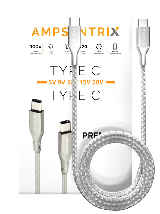 3 ft USB Type C to USB Type C Cable (AmpSentrix) (Infinity) (Silver)